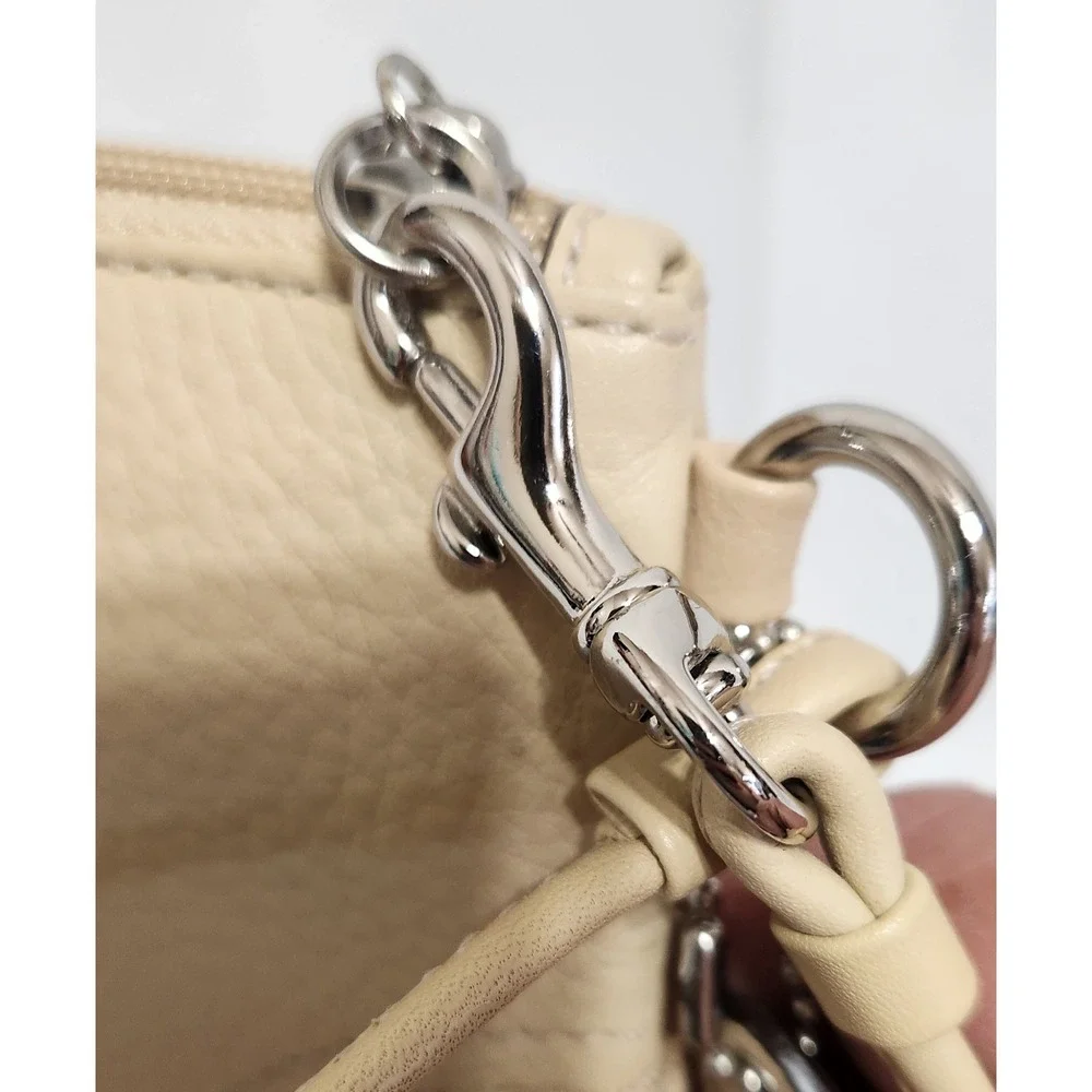 Coach Pebbled Leather Wristlet Cream Beige Silver Hardware Zip Pouch Small Bag